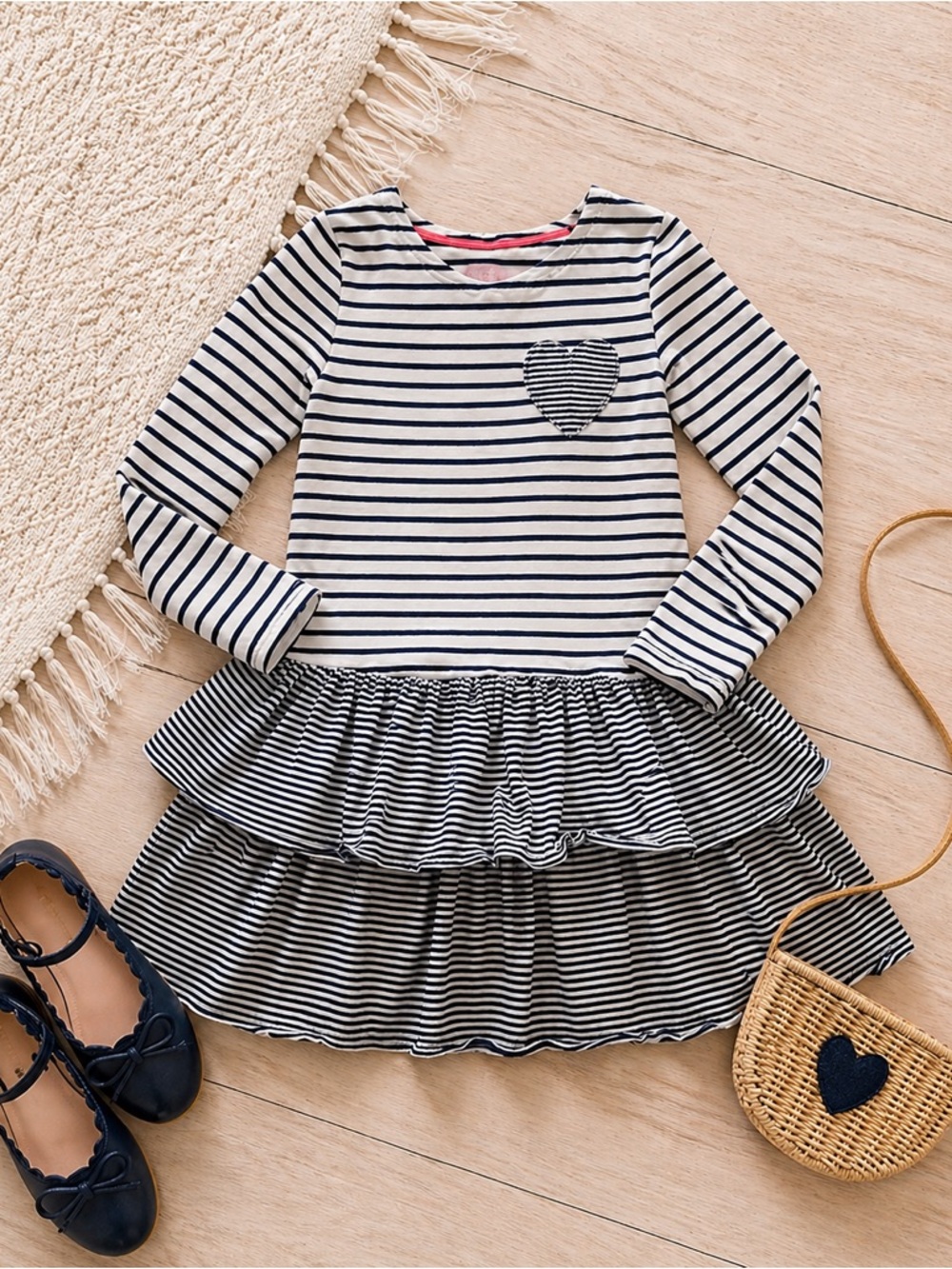 Mini Boden Girls Dress Size 11-12 Navy White Stripe Tiered Ruffle Long Sleeve